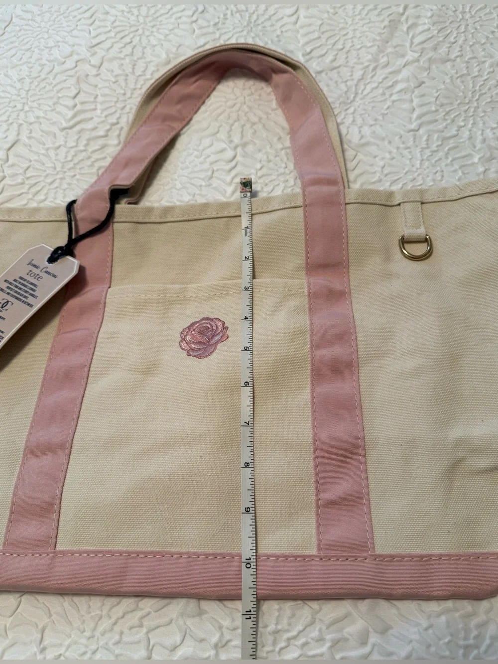 Tote bag- GC Design - white pink w/embroidered rose.  NEW w/tags. 11x18x6.5